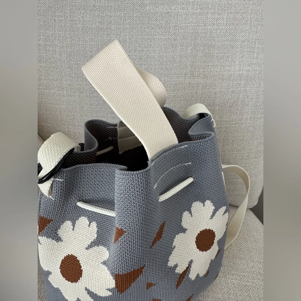 New Blue, Mocha & Flowers Woven Bucket Bag Handbag Purse w/ Dachshund Charm